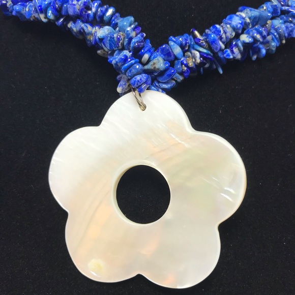 Lapis Lazuli, MOP Flower Pendant 3 Strand Necklace 925 Sterling Silver Clasp EVC - Picture 5 of 8